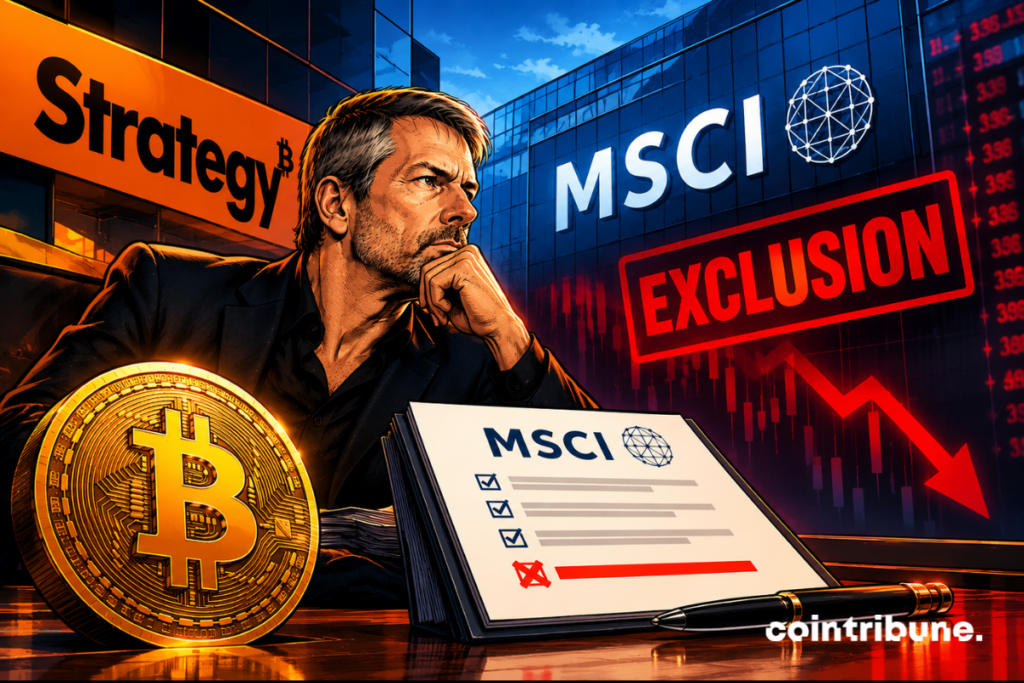 Michael Saylor diante do logotipo da MSCI, de um documento de exclusão e de um gráfico da bolsa em queda, com um bitcoin em primeiro plano.