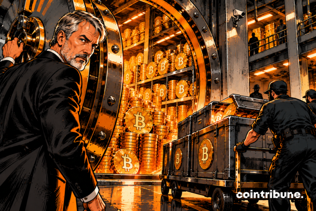 Michael Saylor occupe le premier plan dans une immense chambre forte institutionnelle. Derrière lui, une gigantesque porte blindée est entrouverte, révélant une réserve spectaculaire composée de centaines de pièces Bitcoin empilées jusqu’au plafond. Saylor tient une énorme manette orange permettant d’ouvrir le coffre. Il tourne légèrement la tête vers le spectateur avec une expression calme et énigmatique. Sur la droite arrive un nouveau chariot blindé rempli de caisses métalliques. L’une d’elles est légèrement ouverte et laisse apparaître la lueur orange caractéristique d’une pièce Bitcoin. Le chariot n’a pas encore franchi la porte du coffre.