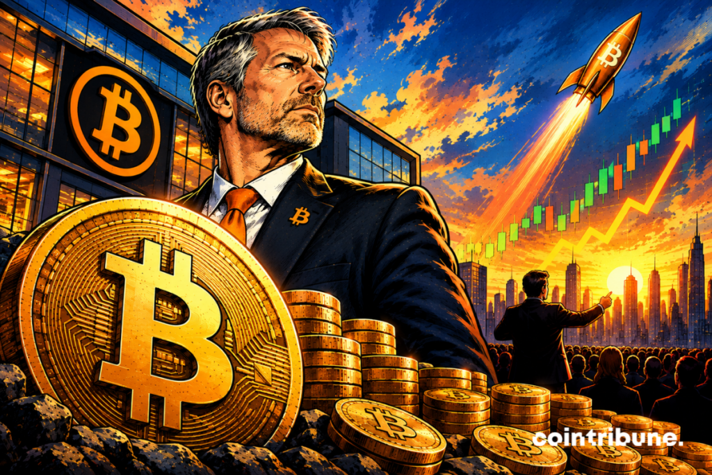 Michael Saylor devant une pièce géante de bitcoin, des piles de jetons dorés et un graphique haussier illustrant l’accumulation de Strategy.