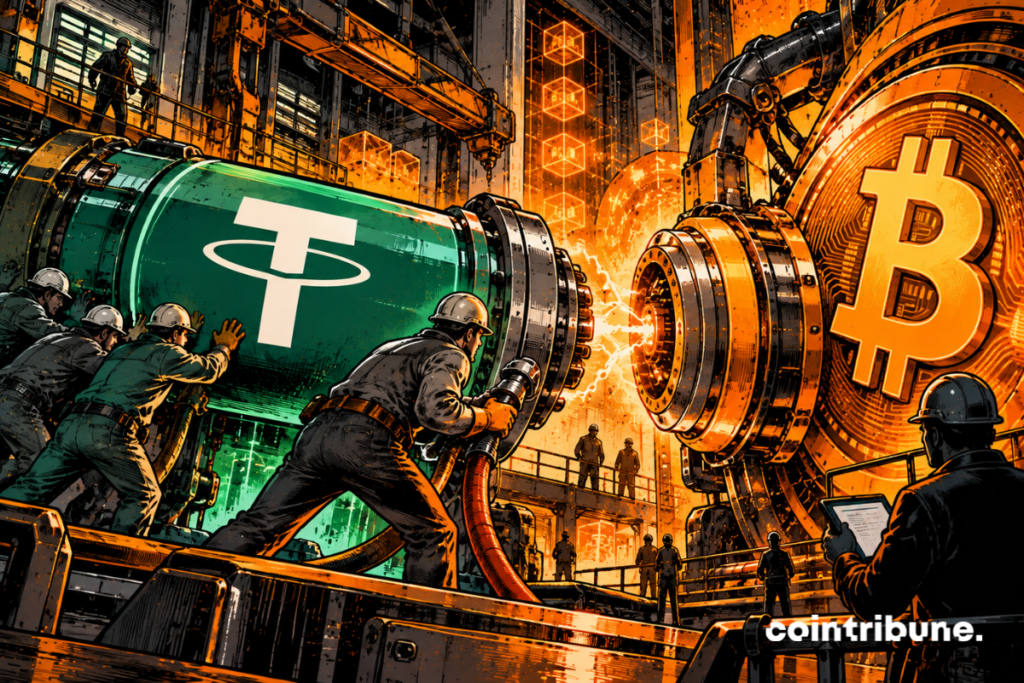 Inside an immense blockchain engine room, a gigantic Bitcoin coin functions as the heart of a mechanical network made of thousands of cables, blocks, and gears. In the foreground, several engineers push an imposing green capsule bearing only Tether's graphic symbol toward a monumental Bitcoin connector. A central technician holds an enormous orange cable in his hands, preparing to make the final connection. The two plugs are separated by only a few centimeters.
