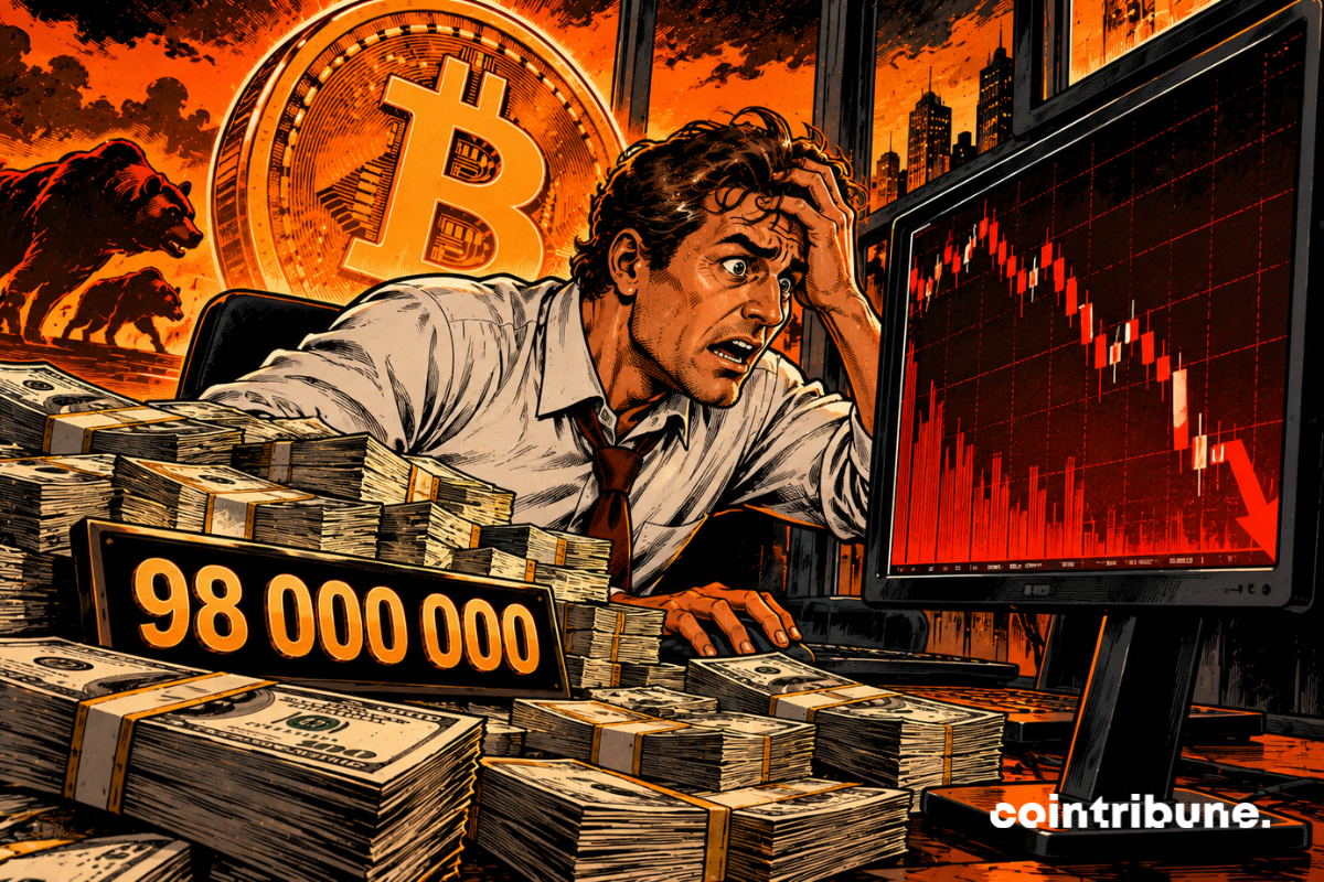 La scène illustre le risque de perte colossale encouru par un trader ayant engagé 98 millions de dollars sur Bitcoin. Au centre, l’investisseur, visiblement paniqué, se tient la tête devant un écran affichant un graphique fortement baissier. Les énormes piles de billets symbolisent l’importance de sa mise financière. Le chiffre 98 000 000 souligne l’ampleur du pari. En arrière-plan, une gigantesque pièce Bitcoin rappelle l’actif concerné, tandis que les ours représentent la pression vendeuse du marché. Les couleurs orange et noir renforcent la tension. L’ensemble évoque une liquidation potentielle, sans suggérer que la perte est déjà réalisée.