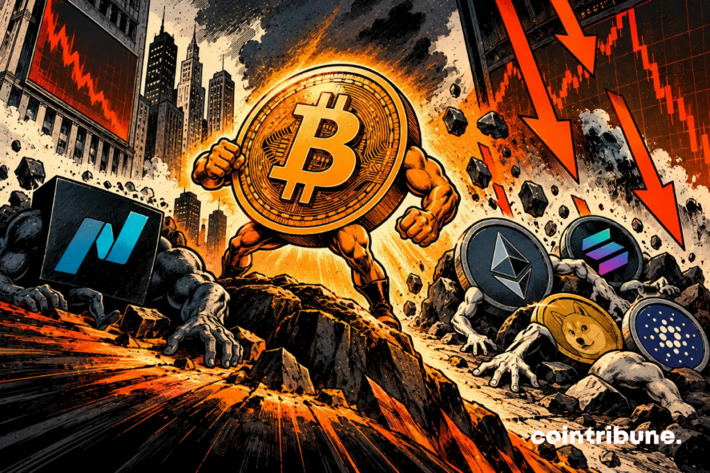 The scene illustrates Bitcoin's superior resilience compared to the Nasdaq and altcoins, according to Wintermute's analysis. At the center, a personified Bitcoin, powerful and determined, stands firm on a rock despite the financial storm. On the left, the Nasdaq appears weakened, symbolizing the struggles of US tech stocks. On the right, Ethereum, Solana, Dogecoin, and Cardano are depicted on the ground, illustrating their relative vulnerability. The descending red arrows and debris evoke widespread selling pressure. Overall, it highlights Bitcoin's comparative strength in a turbulent market, without suggesting that it completely escapes downturns.