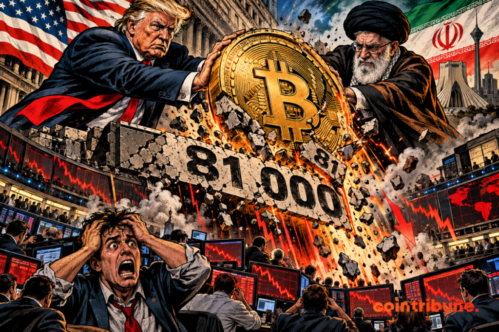 Donald Trump and an Iranian leader send a giant Bitcoin crashing below ,000 as panicked traders look on.