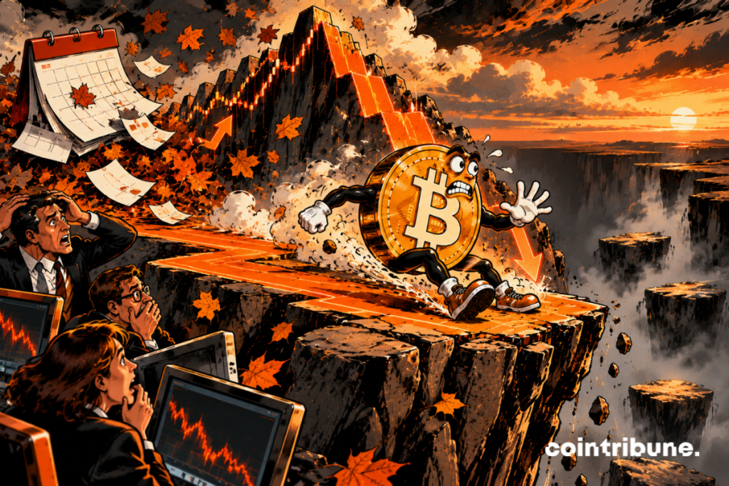 Bitcoin personnifié dévale brutalement une immense rampe financière orange. Derrière lui, on voit clairement le parcours qu’il avait précédemment gravi : plusieurs plateformes ascendantes sont désormais abandonnées, avec des feuilles automnales tourbillonnant dans son sillage. Bitcoin vient d’atteindre une grande plateforme horizontale représentant son niveau de départ du mois. Il plante ses talons dans le métal pour tenter de freiner, visage inquiet, corps projeté vers l’arrière. Mais la plateforme se termine quelques mètres plus loin par un précipice plongé dans l’obscurité.