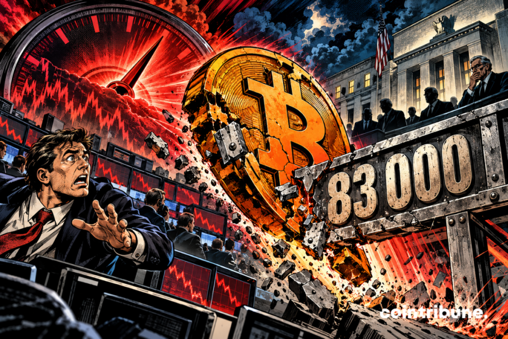 Un Bitcoin géant brise le seuil des 83 000 dans une salle de marché secouée par l’inflation américaine.