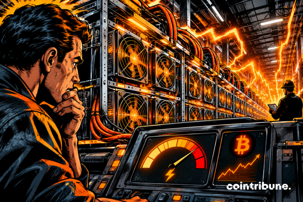 Illustration d’une ferme de minage de Bitcoin avec des machines puissantes, un indicateur de calcul et un graphique boursier sur fond industriel orange.