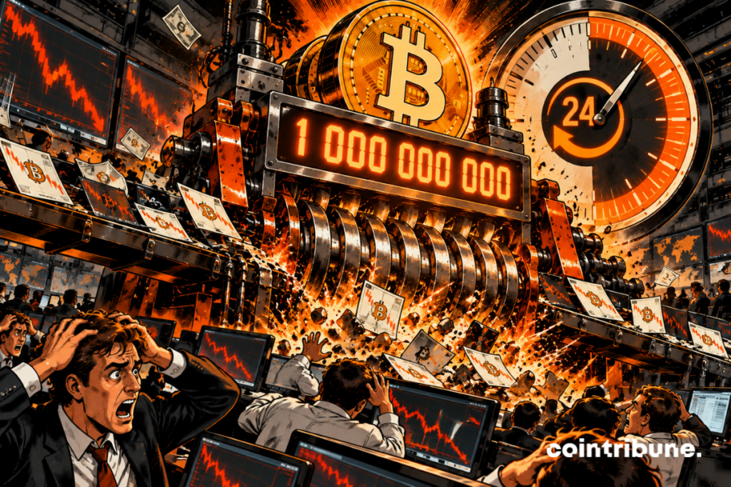 Inside a gigantic trading floor, a monumental Bitcoin dominates an enormous industrial liquidation machine. In the foreground, several panicked traders try to save their portfolios while hundreds of financial contracts, symbolised by metal plates, are sucked into a gigantic shredder. Above the machine, a illuminated counter displays only 1,000,000,000. An enormous mechanical clock with 24 divisions dominates the background, suggesting the extreme speed of the liquidations.