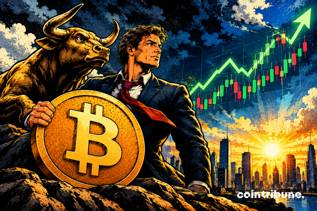Illustration du rebond du bitcoin avec un taureau, une pièce dorée et un graphique boursier orienté à la hausse.