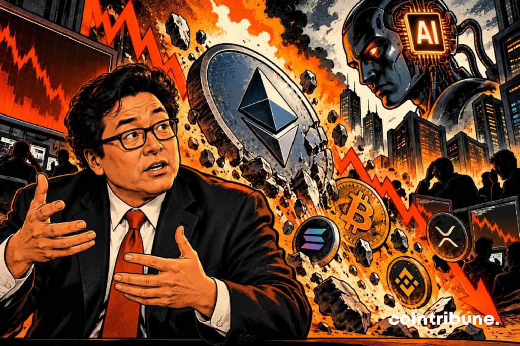 La scène illustre l’analyse de Tom Lee, qui associe le recul des cryptomonnaies aux inquiétudes entourant l’intelligence artificielle. Au premier plan, Tom Lee, visiblement préoccupé, explique les turbulences du marché. Derrière lui, une gigantesque pièce Ethereum fissurée symbolise la fragilité des actifs numériques. Les bitcoins et autres cryptomonnaies entraînés dans une chute spectaculaire représentent la pression vendeuse. À droite, un robot menaçant personnifie les craintes liées à l’IA, tandis que les graphiques rouges illustrent la baisse des cours. L’ensemble traduit une possible contagion des inquiétudes technologiques aux marchés crypto, selon l’interprétation de Tom Lee.