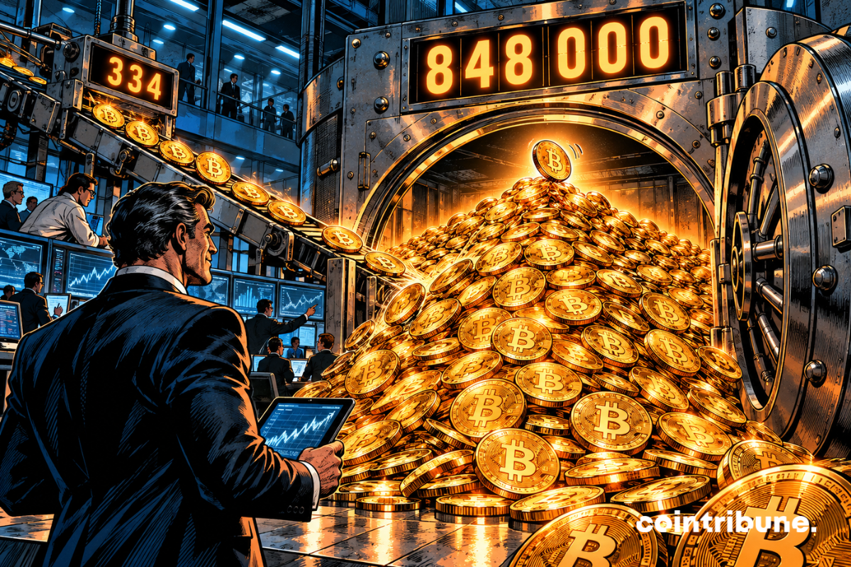 Un coffre géant déborde de Bitcoin sous un compteur affichant 848 000, tandis qu’un convoyeur ajoute 334 BTC.