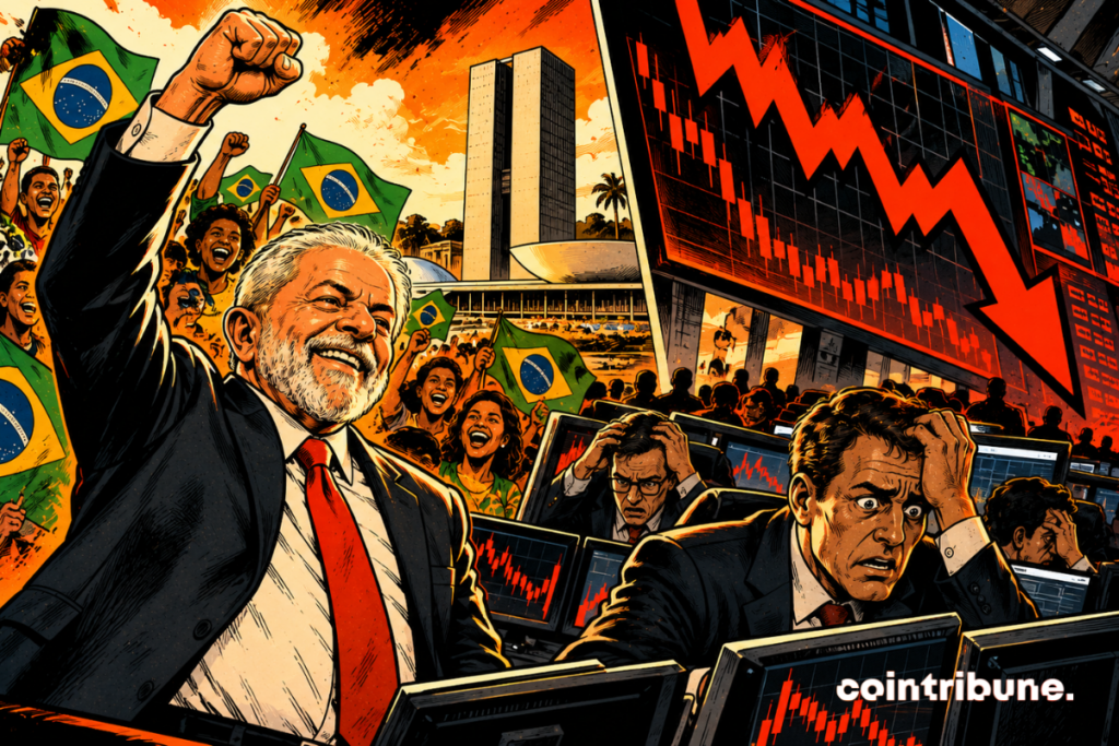 The scene illustrates the contrast between Lula's political victory in Brazil and the spectacular crash of the Brazilian stock market. On the left, Lula appears smiling with his fist raised, surrounded by enthusiastic supporters waving Brazilian flags. The National Congress in the background recalls the political context. On the right, panicked traders watch screens displaying sharply bearish charts. A huge red arrow symbolizes the collapse of the financial markets. The orange and black colors accentuate the tension. Overall, it contrasts electoral euphoria with investor anxieties, without exclusively attributing the stock market decline to Lula's victory.