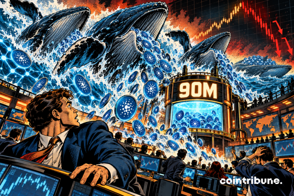 Crypto whales dump Cardano tokens onto the market beneath a counter showing 90M.