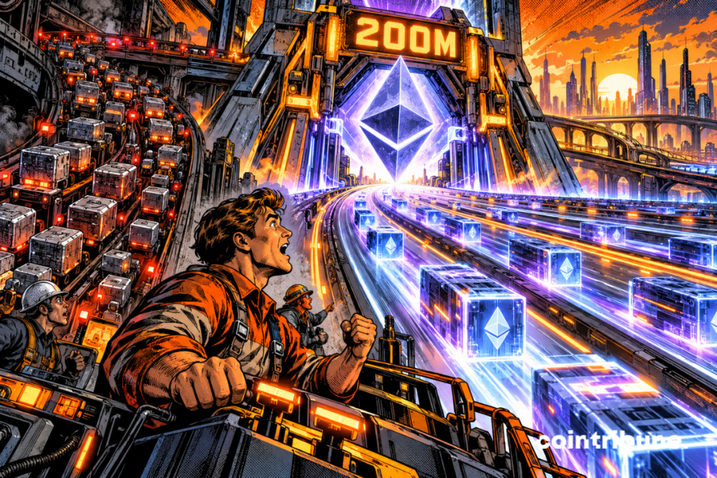 Une autoroute Ethereum s’élargit sous un portique affichant 200M pour absorber davantage de transactions.