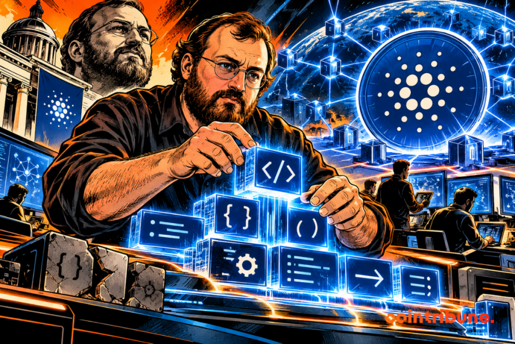 Charles Hoskinson assembles glowing blocks of code connected to the Cardano network in a crypto lab.