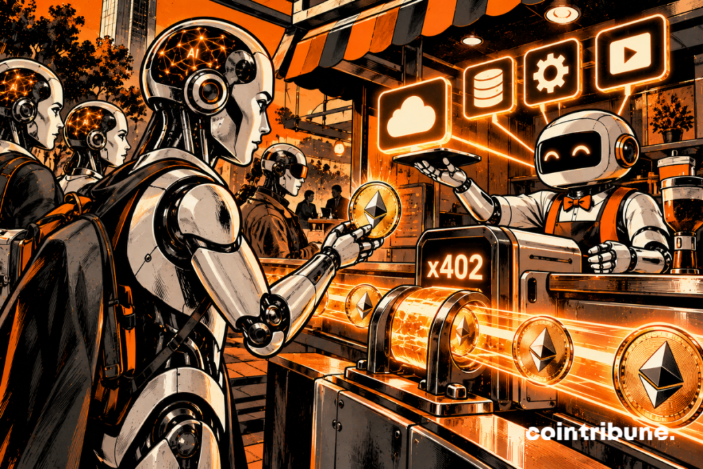 In a futuristic environment, several robots represent AI agents capable of directly purchasing digital services. The merchant robot symbolizes platforms that accept these automated payments. Glowing cryptocurrencies flowing between the machines materialize transactions conducted without human intervention. The x402 protocol serves as the infrastructure facilitating these exchanges. Orange connections evoke the speed of the payments. The central message: AI agents are becoming capable of paying for services themselves using crypto, paving the way for an automated digital economy.