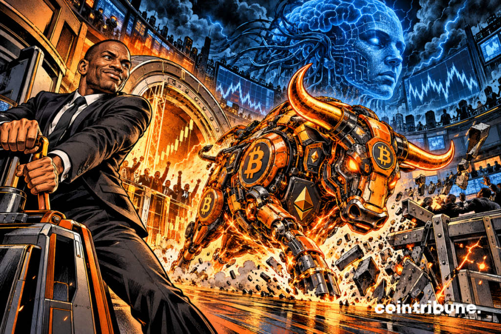 Arthur Hayes unleashes a mechanical crypto bull beneath the shadow of a gigantic AI brain.