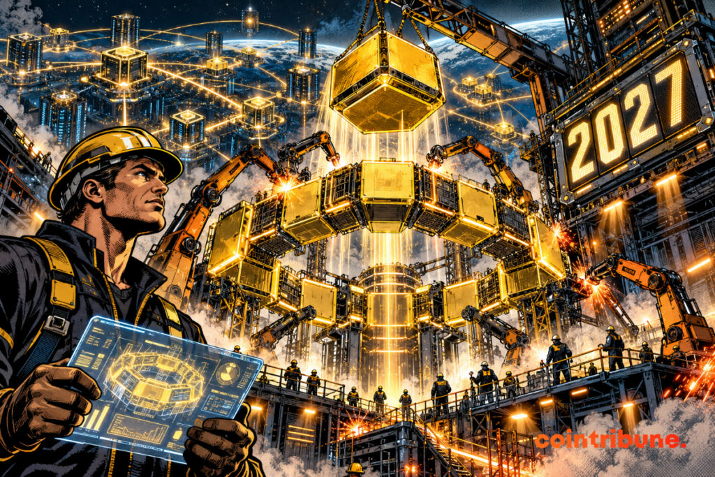 Des ingénieurs assemblent une infrastructure crypto dorée sur un chantier futuriste, sous un compteur a2027.ffichant