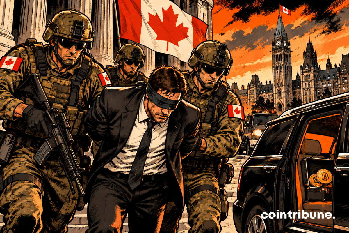 La scène illustre l’inculpation de trois militaires canadiens soupçonnés d’être impliqués dans l’enlèvement d’un entrepreneur spécialisé dans les cryptos. Au premier plan, trois soldats lourdement équipés entourent un homme d’affaires aux yeux bandés, symbolisant la violence et la gravité des faits reprochés. Le véhicule noir et les bitcoins visibles à l’intérieur évoquent les motivations financières possibles de l’affaire. En arrière-plan, le drapeau canadien et le Parlement d’Ottawa situent l’événement au Canada. L’ambiance orange et noire renforce la tension dramatique. Cette représentation reste symbolique : les militaires sont inculpés, mais leur culpabilité n’est pas établie.
