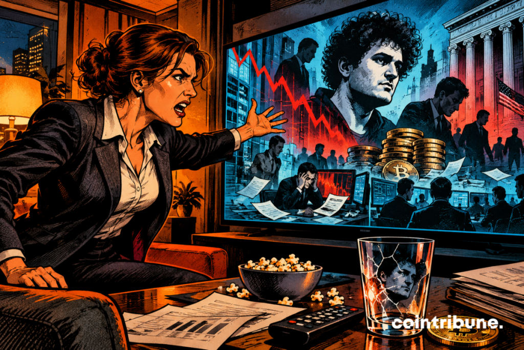 A former crypto executive reacts angrily in front of a screen showing a dramatic reenactment of FTX’s collapse.