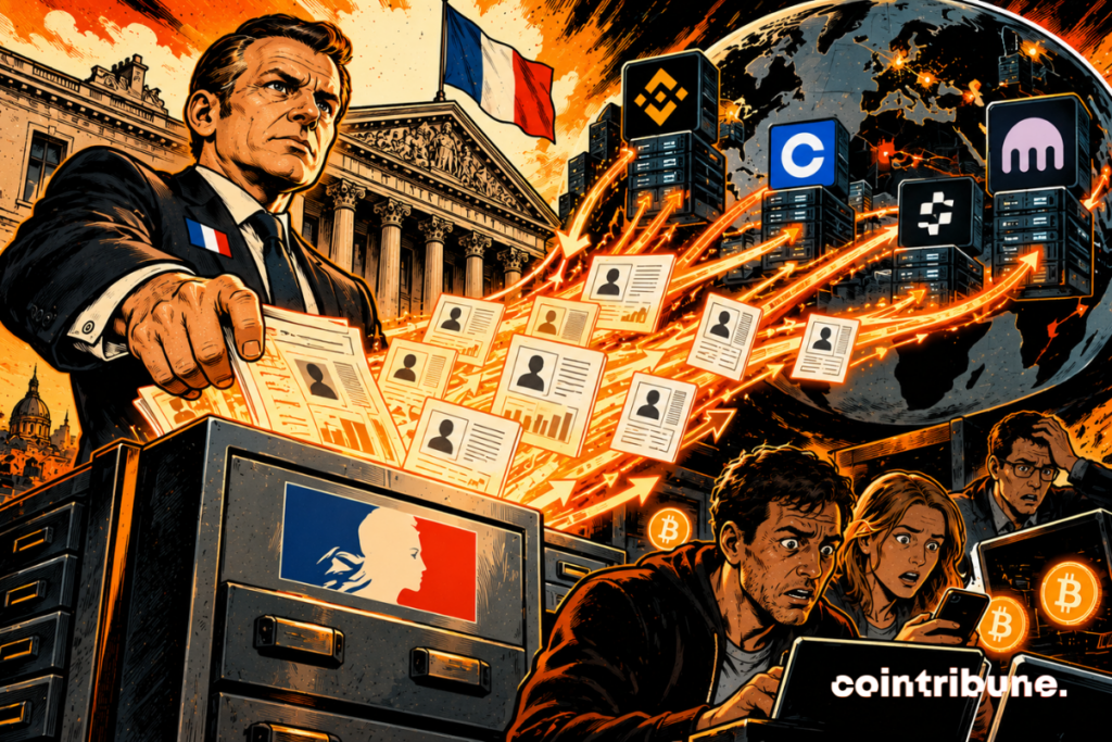 La escena ilustra la posibilidad de que la agencia tributaria francesa acceda a los datos de los usuarios de plataformas cripto extranjeras. A la izquierda, un representante de la administración fiscal supervisa la llegada de expedientes digitales a una inmensa caja fuerte oficial. A la derecha, varias plataformas internacionales, simbolizadas por sus servidores y logotipos, transmiten información a través de flujos de datos luminosos de color naranja. En primer plano, inversores preocupados consultan sus ordenadores y teléfonos inteligentes, temiendo una mayor vigilancia fiscal. El globo terráqueo subraya la dimensión internacional de los intercambios. El conjunto evoca una mayor transparencia fiscal, sin presentar esta transmisión potencial como ya efectiva o sistemática.