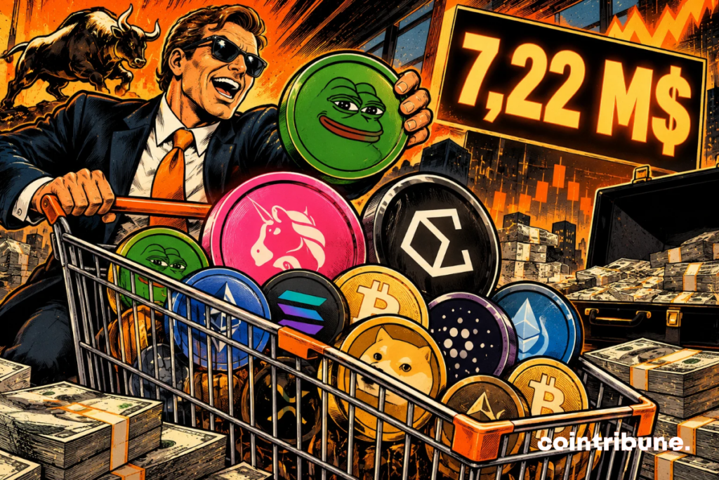 La scène illustre l’achat massif de neuf cryptomonnaies par un investisseur pour 7,22 millions de dollars. Au premier plan, un trader enthousiaste pousse un chariot débordant de jetons numériques, symbolisant une stratégie d’accumulation diversifiée. Les pièces PEPE, UNI et ENA occupent une place importante, accompagnées d’autres cryptomonnaies. Les nombreuses liasses de billets soulignent l’ampleur financière de l’opération. En arrière-plan, un taureau et des graphiques ascendants évoquent les anticipations haussières de l’investisseur. Le montant 7,22 M$ domine la composition. L’ensemble traduit un pari ambitieux sur le marché crypto, sans garantir la rentabilité future de ces investissements.