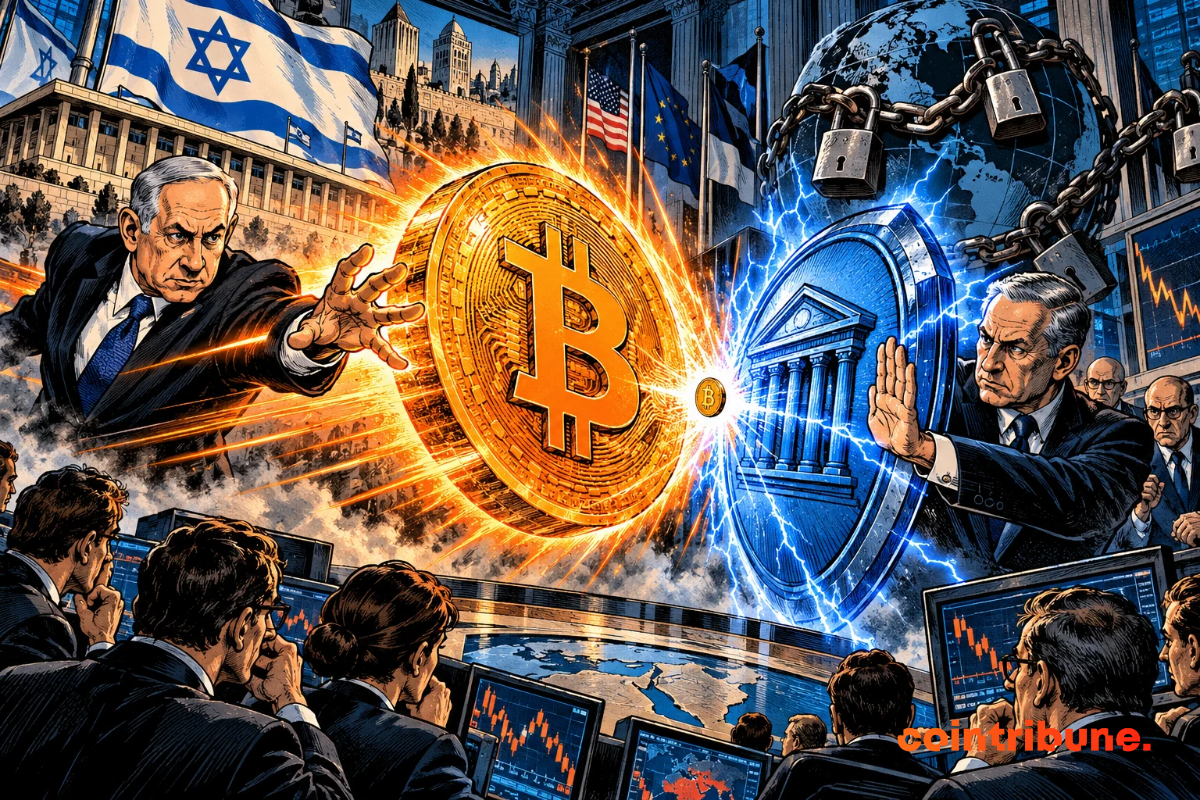 Netanyahou fait face à un responsable bancaire israélien devant un Bitcoin géant, symbole de leur désaccord sur les cryptomonnaies.