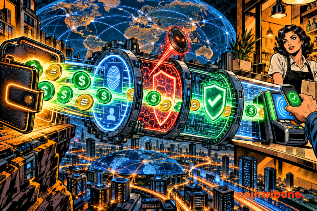 Stablecoins pass through multiple digital shields before being approved on a crypto payment terminal.