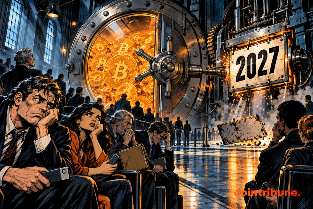 Des créanciers attendent devant un coffre rempli de crypto verrouillé jusqu’en 2027.