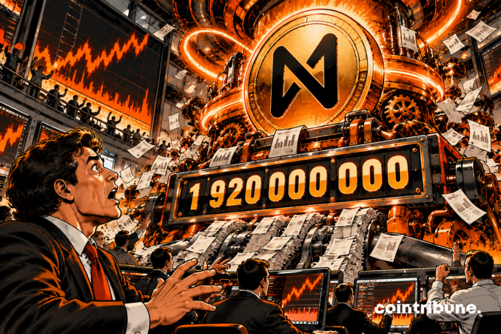 A spectacular trading floor, a stunned trader in front of a giant mechanical counter displaying 1,920,000,000, an immense coin with the NEAR Protocol symbol surrounded by orange gears, futures contracts piling up inside a financial machine.