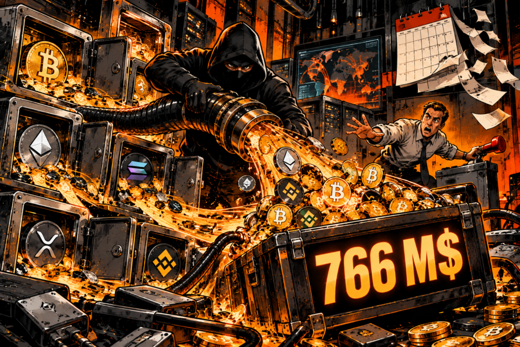 Inside a gigantic digital vault, a hooded hacker occupies the foreground in front of several breached crypto safes. He has just connected an enormous black pipe to the infrastructure. It sucks a torrent of coins representing various cryptocurrencies into a digital briefcase displaying only 6M. A cybersecurity manager discovers the scene in the background, face filled with astonishment, and rushes toward an enormous orange emergency lever.