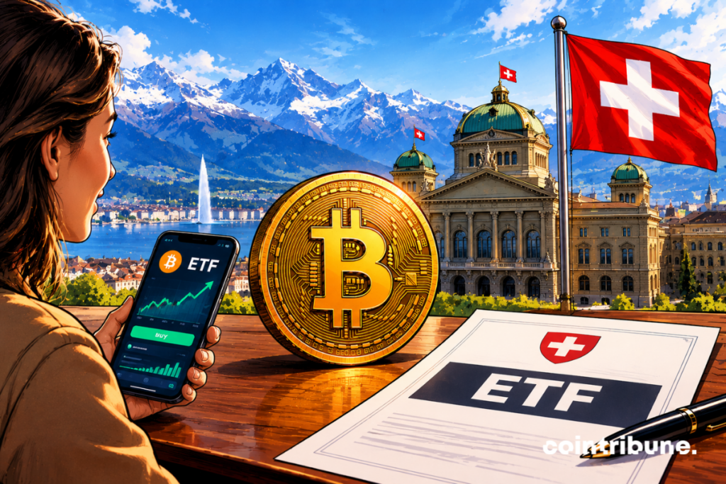 Illustration d’un ETF Bitcoin en Suisse, avec une pièce de bitcoin, un smartphone affichant un graphique financier, le drapeau suisse et un document marqué ETF.