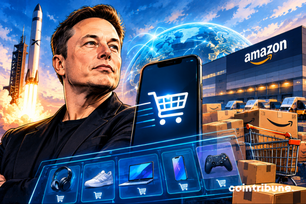 Elon Musk stands beside a smartphone displaying a shopping cart, facing an Amazon warehouse and packages, illustrating competition over AI shopping agents.