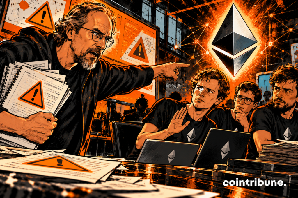 On the left, Adam Back, recognizable by his glasses and beard, points an accusing finger at the Ethereum developers. His stern expression conveys his frustration. He holds documents featuring warning symbols, representing the technical risks he claims to have raised. On the right, Vitalik Buterin and two other developers, depicted symbolically, display skeptical or indifferent attitudes. Their expressions suggest a refusal to take these warnings seriously. The gigantic Ethereum logo in the background clearly identifies the project involved, while orange flashes reinforce the tension of the confrontation.