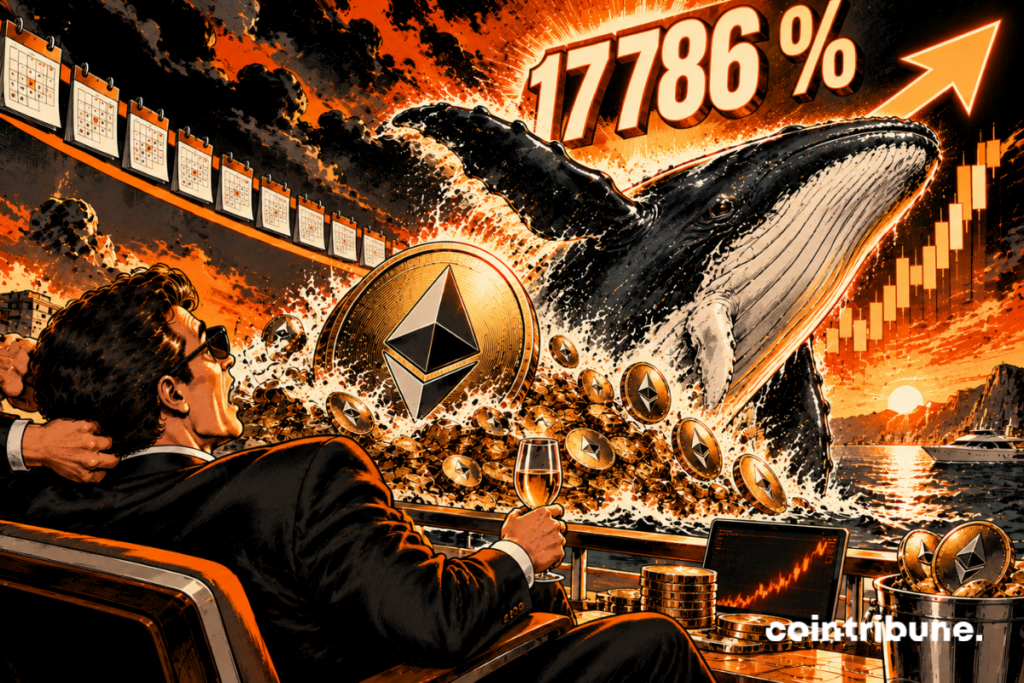 At the center, a gigantic whale emerges from the ocean, symbolizing an investor holding large amounts of ETH. The numerous Ethereum coins projected into the air represent the explosive surge in the value of their investment. On the left, calendars evoke nine years of patience. In the foreground, a wealthy investor celebrates this success from their yacht. The ascending arrow and the figure 17,786% highlight this exceptional performance.
