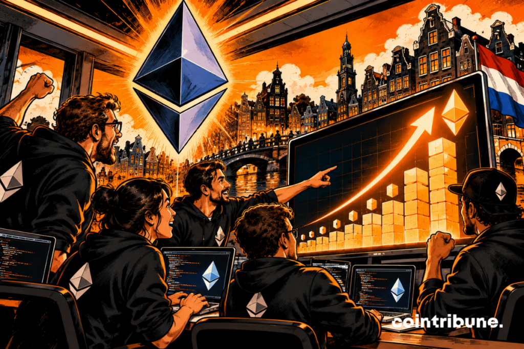 La scène illustre la préparation d’une augmentation historique de la limite de gas d’Ethereum grâce à la mise à niveau Glamsterdam. Au premier plan, plusieurs développeurs enthousiastes observent un écran affichant une progression spectaculaire. Les blocs lumineux représentent la capacité croissante du réseau à traiter davantage de transactions. Le gigantesque logo Ethereum symbolise cette évolution technologique majeure. En arrière-plan, les bâtiments d’Amsterdam et le drapeau néerlandais font référence au nom Glamsterdam. La flèche orange ascendante évoque l’amélioration attendue des performances, et non une hausse garantie du cours. L’ensemble traduit l’ambition d’un réseau Ethereum plus performant et évolutif.