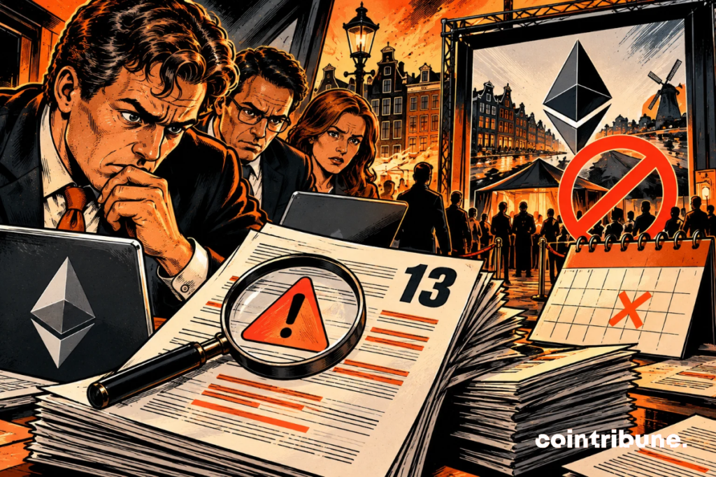 La scène illustre le report de Glamsterdam, une évolution majeure d’Ethereum, après la détection de risques concernant 13 contrats. Au premier plan, trois spécialistes examinent avec inquiétude des documents techniques, symbolisant les vérifications de sécurité nécessaires. La loupe révèle un signal d’alerte, tandis que le chiffre 13 souligne le nombre de contrats concernés. À droite, un calendrier barré et un symbole d’interdiction représentent le report annoncé. Le logo Ethereum rappelle le réseau concerné, tandis que les bâtiments d’Amsterdam évoquent Glamsterdam. L’ensemble souligne la priorité accordée à la sécurité avant le déploiement de cette mise à niveau.