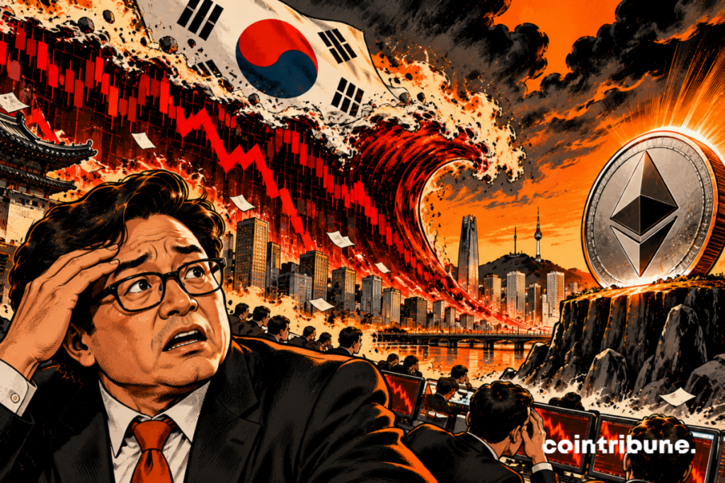 Tom Lee looking anxious in the foreground, a gigantic financial wave stemming from the crash of the South Korean stock market, featuring the South Korean flag and the Seoul skyline, threatens an immense Ethereum coin on a still intact platform. The wave has not yet reached Ethereum.