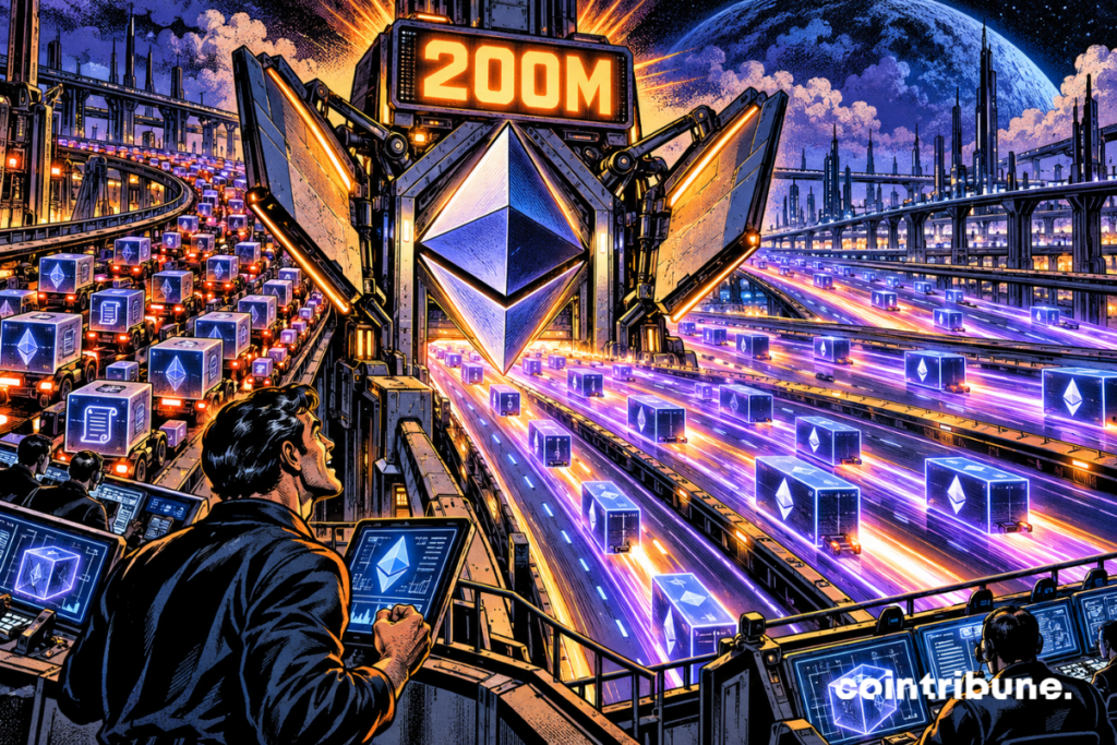 An Ethereum blockchain highway expands beneath a 200M meter, accelerating crypto transactions.