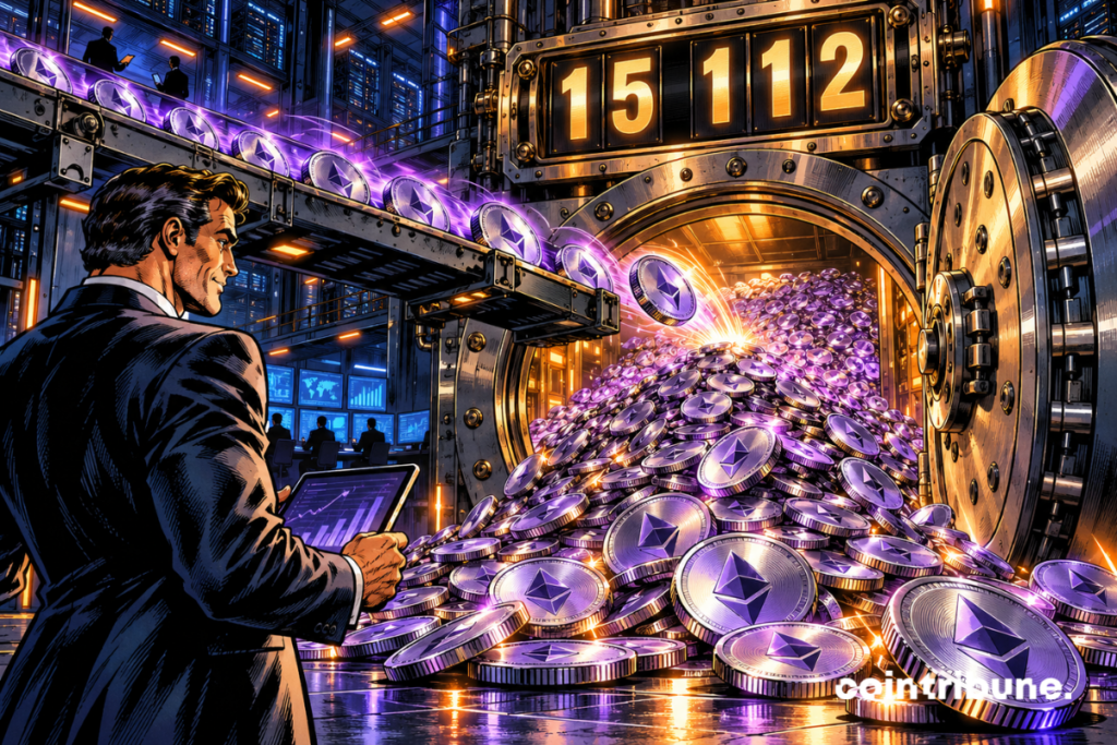 Un coffre crypto rempli d’Ethereum reçoit de nouveaux tokens sous un compteur affichant 15 112.