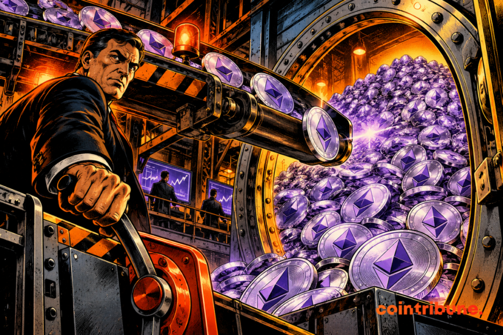 Un responsable arrête un convoyeur crypto devant un coffre déjà rempli de tokens Ethereum.