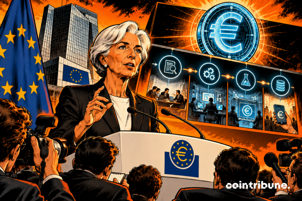 The scene illustrates Christine Lagarde's announcement regarding the timeline for the first digital euro tests. In the foreground, the President of the European Central Bank addresses journalists, exuding determination and confidence. Behind her, the European flag and institutional buildings serve as a reminder of the central role played by the European Union. On the right, a glowing timeline highlights the different stages of the project: preparation, technical development, experimentation, and future digital payments. The gigantic euro symbol embodies this monetary transformation. Overall, it underscores the gradual progress of the project, without suggesting that the digital euro has already been officially launched to the public.