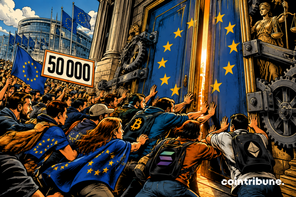 A European crypto crowd pushes through an EU institutional door beneath a sign displaying 50,000.