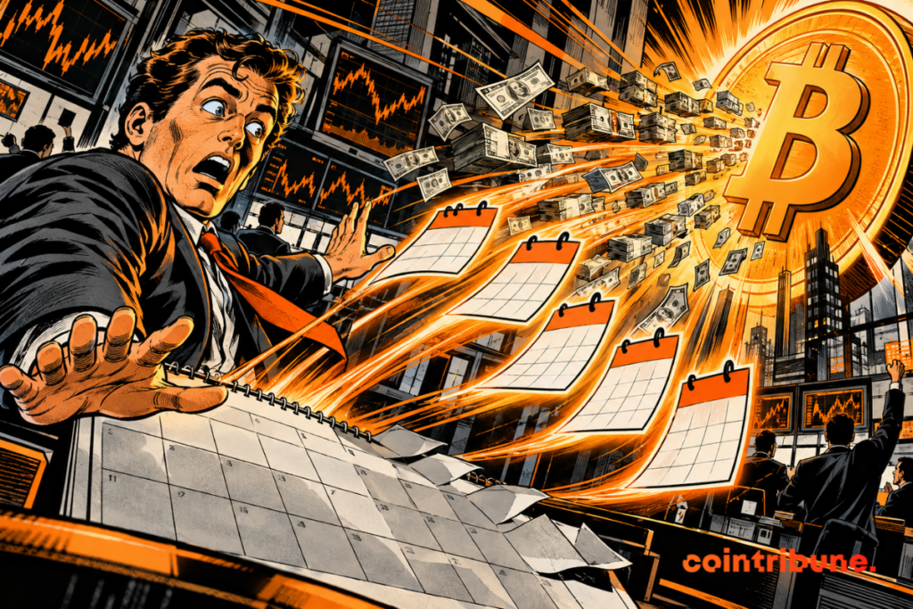 Illustration of a trader looking surprised as several calendars and wads of dollar bills are thrown toward a Bitcoin symbol, against a backdrop of stock market charts.