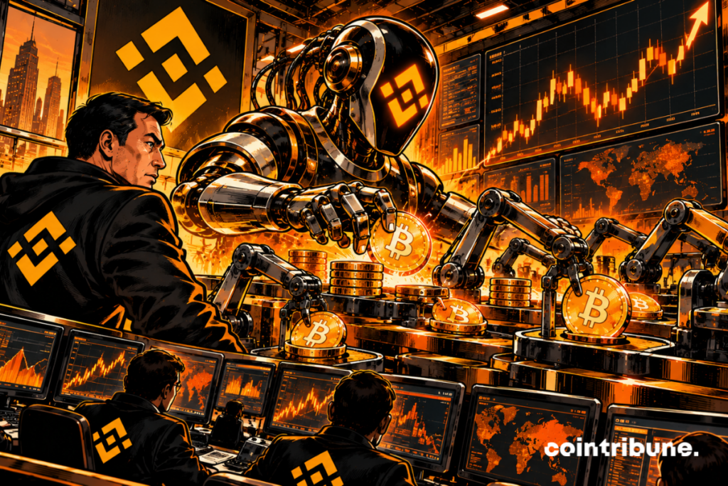Au centre, le grand robot aux couleurs de Binance personnifie l’IA. Il domine la salle et manipule directement les actifs crypto : l’idée est que certaines opérations autrefois réalisées manuellement par des traders peuvent désormais être exécutées automatiquement par des systèmes algorithmiques. Les bras robotisés renforcent cette idée d’automatisation. Ils déplacent les bitcoins comme sur une chaîne de production : le trading devient visuellement une usine fonctionnant en continu, avec rapidité et répétition. À gauche et au premier plan, les traders humains restent présents, mais ils occupent surtout une position de surveillance. Ce contraste suggère que l’humain supervise désormais une infrastructure où la machine prend en charge une partie croissante de l'exécution. Les nombreux écrans financiers représentent l’analyse permanente des marchés et des données par l’IA. La carte mondiale suggère également un système capable de surveiller simultanément un marché crypto fonctionnant à l'échelle internationale.
