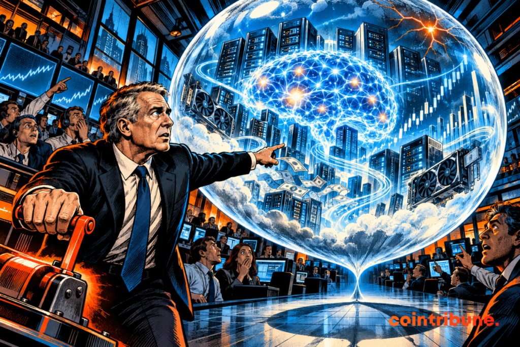 Ken Griffin observe une immense bulle remplie de puces, serveurs et symboles d’IA prête à se fissurer.
