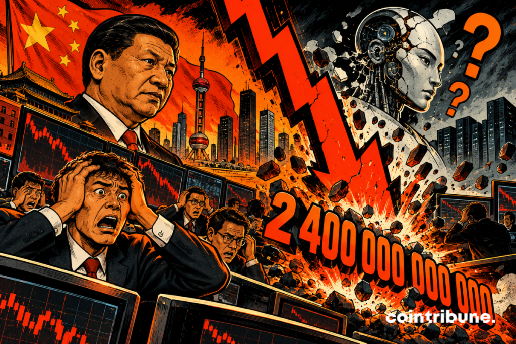 La escena ilustra el desplome de 2,4 billones de dólares en la capitalización bursátil de China, en un contexto de inquietud respecto a la inteligencia artificial. A la izquierda, Xi Jinping aparece preocupado frente a la bandera china y los rascacielos de Shanghái. En primer plano, operadores aterrorizados observan gráficos fuertemente bajistas. En el centro, una inmensa flecha roja simboliza el desplome de los mercados financieros. A la derecha, un robot agrietado, rodeado de signos de interrogación, representa las dudas sobre las perspectivas económicas de la IA. El conjunto refleja una crisis de confianza de los inversores, alimentada por las incertidumbres que rodean a las valoraciones tecnológicas.
