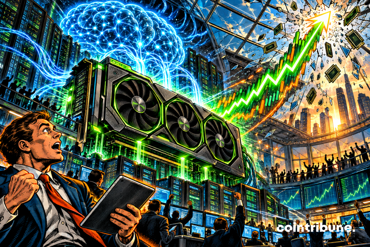 A giant Nvidia chip, powered by an AI brain, sends a stock market chart soaring to a new record.
