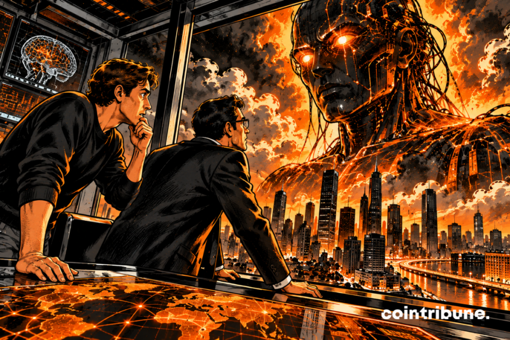 Inside a futuristic war room, two tech executives inspired by the worlds of OpenAI and Anthropic stand side by side before an immense bay window. One wears a dark suit, the other a more casual business outfit. Their faces are grave, almost stunned. Before them looms a gigantic artificial intelligence silhouette composed of circuits, cables, and orange neural networks. It dominates a modern metropolis. The two figures observe this apparition with anxiety, while one of them reaches out toward a emergency safety device.