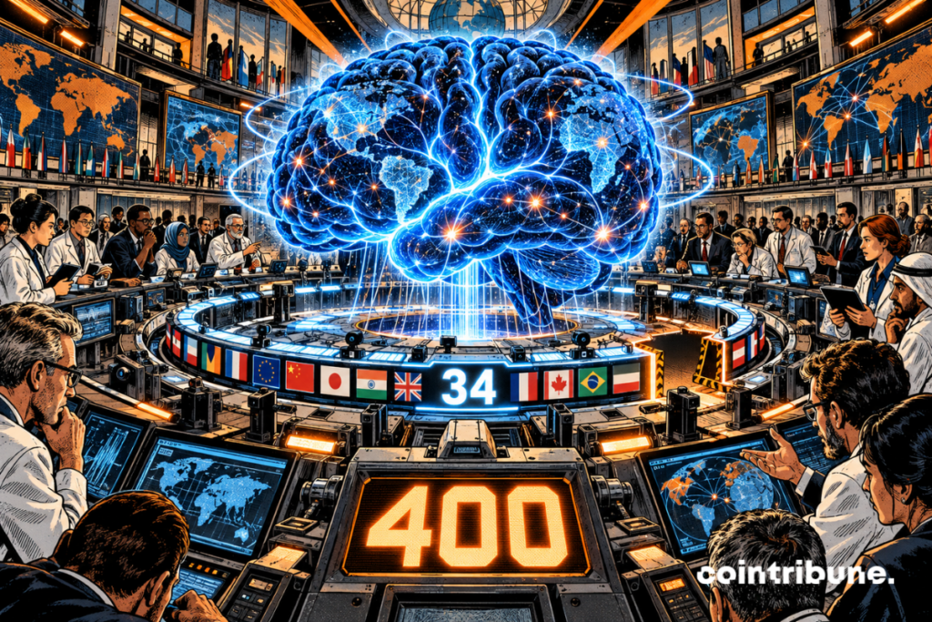 Scientists from 34 countries surround a giant AI brain equipped with a global monitoring system.