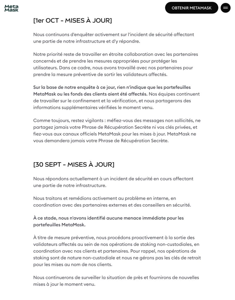 MetaMask emphasizes the non-custodial nature of its staking and states it has identified no immediate threats to MetaMask wallets.